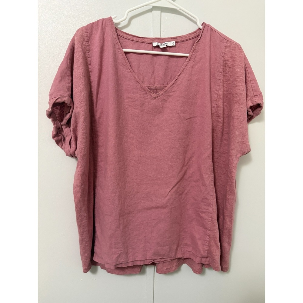 Chico's Womens 3 (XL) Linen Blend Blouse Short Sleeve Solid Pink Top V Neck